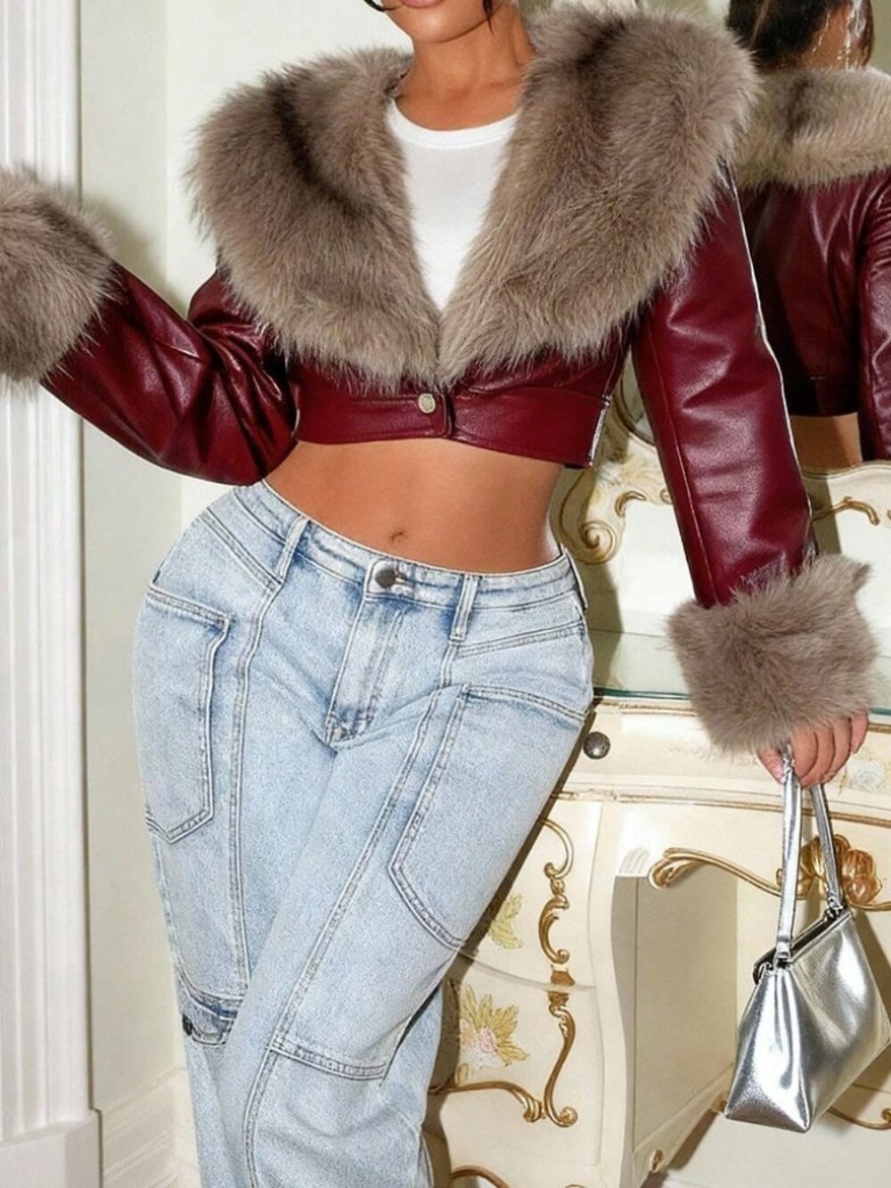 Burgundy Casual Women's Contrast Faux Fur V Neck Colorblock Crop Jacket